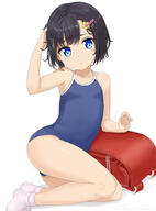 1girl adjusting_hair backpack bag bangs black_hair blue_eyes blush closed_mouth collarbone commentary_request female_focus flat_chest hair_ornament hairclip hand_up legs loli looking_at_viewer no_shoes on_floor one-piece_swimsuit original pink_socks randoseru red_bag school_swimsuit sensitive short_hair sitting socks solo swimsuit tamakorogashi thighs twitter_username white_background // 728x986 // 262.5KB