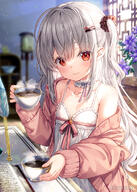 1girl bangs blurry blurry_background clavicle closed_mouth clothing coffee collarbone commentary_request cup day depth_of_field dress female flat_chest flower frilled_dress frills fujima_takuya grey_hair hair_between_eyes holding holding_cup indoors isekai_ni_tobasaretara_papa_ni_nattandaga jacket long_hair long_sleeves off_shoulder open_clothes open_jacket orurea_(isepapa) pettanko pink_jacket puffy_long_sleeves puffy_sleeves purple_flower questionable red_eyes sensitive sleeveless sleeveless_dress sleeves_past_wrists smile solo steam sunlight two_side_up very_long_hair white_dress window // 816x1146 // 836.4KB
