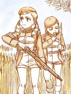 2girls beret gun holding_gun holding_weapon kageng long_sleeves military military_hat military_uniform musket rifle rifle_on_back shorts uniform // 900x1200 // 1.7MB