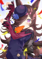 'cause_this_is_thrillerrr_[uma_musume] 1girl animal_ears arm_up bangs bare_shoulders black_dress black_headwear blue_flower blue_rose blush brown_hair carrot commentary_request confetti dress eyebrows eyebrows_visible_through_hair female flower food_in_mouth fujima_takuya hair_over_one_eye hand_up hat hat_flower high_resolution highres horse_ears kemonomimi long_hair long_sleeves looking_at_viewer mocochin mouth_hold off-shoulder_dress off_shoulder one_arm_up purple_eyes rice_shower rice_shower_(umamusume) rose safe sankaku_channel signature sleeves_past_wrists solo tilted_headwear timtheevoker5no3 uma_musume_-_pretty_derby umamusume very_long_hair violet_eyes お兄様ホイホイ なにこれ超かわいい もぐもぐ ウマ娘 ウマ娘プリティーダービー ウマ娘プリティーダービー10000users入り ウマ娘プリティーダービー1000users入り ウマ娘プリティーダービー5000users入り ライスシャワー ライスシャワー(ウマ娘) ライスシャワー_のゴルシポーズ 一着のポーズ 藤真拓哉@シグルリ 藤真拓哉@シグルリ10月放送 // 1021x1433 // 804.1KB