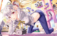 1girl all_fours animal animal_ears arm_up bangs belt black_belt blue_pants breasts cat cat_cafe cat_hair_ornament clothing collared_shirt crop_top denim dress_shirt eyebrows_visible_through_hair fake_animal_ears fake_tail female fujima_takuya gray_hair grey_hair grey_shirt hair_ornament hair_over_one_eye hair_ribbon high_resolution highres indoors komagome_azuzu long_hair long_sleeves looking_at_viewer medium_breasts midriff multiple_cats navel neck_ribbon neko nekomimi o official_art pants parted_lips paw_pose pink_carpet ponytail questionable red_eyes red_ribbon ribbon safe see_through senyoku_no_sigrdrifa shirt silver_hair slippers solo stuffed_animal stuffed_cat stuffed_toy tagme tail top-down_bottom-up white_hair white_shirt yellow_neckwear // 1684x1065 // 761.6KB