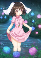 1_female 1girl animal_ears black_hair blush bunny_ears carrot carrot_necklace clothes_lift commentary_request danbooru dress dress_lift ears female floppy_ears flower hydrangea inaba_tewi jewelry lifted_by_self looking_at_viewer mature necklace outdoors outside pink_dress pov puffy_short_sleeves puffy_sleeves rabbit_ears red_eyes safe short_hair short_sleeves skirt_hold smile solo standing touhou unushi vegetable wading water // 752x1062 // 756.5KB