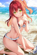 1girl absurdres bangs bare_arms bare_shoulders beach bikini blurry blurry_background blush bocchi_the_rock! breasts clavicle clothing cloverworks collarbone commentary_request female flat_chest frilled_bikini frilled_swimsuit frills fringe fujima_takuya girl green_eyes groin hair_between_eyes highres holding ice ice_cube kita_ikuyo kneeling lens_flare light_erotic light_rays long_hair looking_at_viewer navel non-web_source one_side_up outdoors parted_lips plaid plaid_bikini questionable red_hair sea sensitive sidelocks single sky small_breasts solo stomach swimsuit tall_image twitter_username wet yellow_eyes // 629x935 // 509.2KB