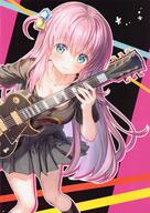 1girl absurdres bangs black_background black_shirt black_skirt blue_eyes blush bocchi_the_rock! breasts cleavage cube_hair_ornament electric_guitar fujima_takuya general gibson_les_paul gotou_hitori guitar hair_between_eyes hair_ornament hair_over_eyes highres holding holding_instrument holding_plectrum instrument large_breasts long_hair looking_at_viewer music non-web_source pink_hair playing_instrument plectrum shirt skirt smile solo // 2466x3489 // 760.4KB