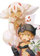 1boy 1girl absurdres animal_ears bangs black_headwear blunt_bangs body_fur breasts brown_hair cape claws collarbone extra_arms facial_mark fake_horns fang faputa fewer_digits flower hair_between_eyes helmet highres hikimayu holding holding_flower horned_helmet horns lily_(flower) looking_up made_in_abyss mechanical_arms medium_breasts monster_girl multiple_horns multiple_tails o on_shoulder open_mouth pointing red_cape red_horns regu_(made_in_abyss) senme79897444 short_hair simple_background sitting sitting_on_person sitting_on_shoulder tail upper_body white_background white_flower white_fur white_hair yellow_eyes // 2236x3131 // 5.7MB