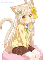 1girl absurdres ahoge animal_ear_fluff animal_ears artist_name bangs between_legs blonde_hair blush bow brown_skirt cardigan cat_ears cat_girl cat_tail closed_mouth collared_shirt cushion dot_mouth female_focus fish_hair_ornament flat_chest general green_eyes green_necktie hair_bow hair_ornament hairclip hand_between_legs have_to_pee hazakura_hinata heterochromia highres legs_together long_hair long_sleeves looking_at_viewer miniskirt necktie original pantyhose plaid plaid_skirt pleated_skirt school_uniform shiny shiny_hair shirt sidelocks signature simple_background sitting skirt solo sweat tail tail_raised textless_version v_arms white_background white_pantyhose white_shirt yellow_bow yellow_cardigan yellow_eyes // 2303x3070 // 2.5MB