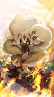 1girl absurdres animal_ears bangs blood blood_on_face blood_on_hands body_fur burning claws crossed_arms dark-skinned_female dark_skin extra_arms faputa fire flower full_body general hair_between_eyes highres horns juntuanzi leaf made_in_abyss monster_girl multiple_horns multiple_tails outdoors p red_horns short_hair sitting solo tail tongue tongue_out white_flower white_fur white_hair wide-eyed yellow_eyes // 3000x5400 // 6.0MB
