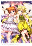 2girls absurdres blonde_hair blue_eyes border brown_hair d dress fate_testarossa female floating_hair fujima_takuya highres holding holding_microphone holding_object idol layered_dress long_hair looking_at_viewer lyrical_nanoha mahou_shoujo_lyrical_nanoha mahou_shoujo_lyrical_nanoha_detonation microphone multiple_girls open-mouth_smile open_mouth page_number photoshop_(medium) polka_dot polka_dot_border questionable red_eyes safe sankaku_channel shiny shiny_hair sleeveless sleeveless_dress smile sparkle stage standing standing_on_one_leg takamachi_nanoha tied_hair twintails very_long_hair white_border white_dress yande.re yellow_dress // 2807x4042 // 1.9MB