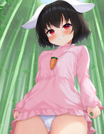 1girl animal_ears bamboo bangs black_hair breasts cameltoe carrot_necklace cowboy_shot daichi_(tokoya) dress from_below grin highres inaba_tewi jewelry looking_at_viewer medium_breasts necklace outdoors pink_dress questionable rabbit_ears red_eyes short_hair smile solo teeth touhou upskirt // 1285x1652 // 1.1MB