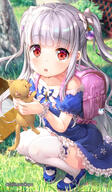 1girl animal backpack bag bangs blue_dress blue_footwear blurry blurry_background blush bow cat character_request clavicle clothing collarbone commentary_request day depth_of_field dress eyebrows_visible_through_hair female footwear frilled_dress frilled_legwear frills fujima_takuya full_body grey_hair hair_bow hair_ornament high_resolution highres holding holding_animal isekai_ni_tobasaretara_papa_ni_nattandaga legwear long_hair looking_at_viewer mocochin o off-shoulder_dress off_shoulder open_mouth outdoors parted_lips puffy_short_sleeves puffy_sleeves questionable randosel randoseru red_eyes safe shoes short_sleeves solo squatting thigh-highs thighhighs twitter_username two_side_up very_long_hair white_bow white_legwear いせパパ応援イラスト_捨て猫は放っておけないの♡ 異世界に飛ばされたらパパになったんだが 藤真拓哉@シグルリ 騎士的公主養成 // 700x1200 // 1.1MB