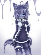 1girl ahoge animal_ear_fluff animal_ears black_gloves blue_eyes bodysuit colored_skin curss fox_ears fox_tail glasses gloves grey_skin hair_ornament hairclip hand_up highres looking_at_viewer monster_girl original parted_lips slime_girl solo standing tail // 1620x2160 // 272.3KB