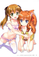 2girls absurdres ahoge animal_ears barefoot black_bow blue_eyes blush bow bra breasts brown_hair character_request clavicle cleavage collarbone copyright_name d dog_days dog_ears feet female floating_hair fox_tail fujima_takuya green_eyes hair_bow hair_ornament hair_ribbon high_resolution highres inumimi kneeling kuberu_e_pastillage long_hair looking_at_viewer multiple_girls navel off_shoulder open-mouth_smile open_mouth orange_hair page_number panties pantsu pink_bra pink_panties questionable rebecca_anderson red_ribbon ribbon safe sankaku_channel shiny shiny_hair small_breasts smile stomach tagme tail thighhighs tied_hair twintails underwear underwear_only very_high_resolution white_background white_legwear white_ribbon yande.re yellow_bra yellow_panties // 2807x4042 // 1.3MB