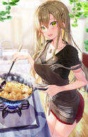 1girl apron bangs black_shirt blurry blurry_background blurry_foreground blush bow breasts brown_apron brown_hair cleavage collarbone commentary_request cooking d depth_of_field frying_pan fujima_takuya green_eyes hair_between_eyes hair_ornament hairclip holding indoors long_hair looking_at_viewer medium_breasts official_art open_mouth original red_skirt sensitive shirt short_sleeves skirt smile solo stove striped striped_bow very_long_hair wooden_floor // 576x890 // 465.8KB