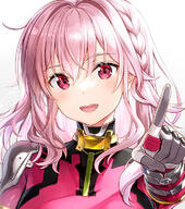 1girl bangs braid breasts clothing commentary_request d female fujima_takuya general gloves gradient gradient_background grey_background grey_gloves hair_between_eyes highspeed_etoile highspeedetoile jacket looking_at_viewer medium_breasts mocochin official_art open-mouth_smile open_mouth pink_hair pink_jacket pointing pointing_at_viewer red_eyes rindoh_rin safe simple_background smile solo tied_hair upper_body white_background まずは一勝！_……の予定♪ 仕事絵 女の子 色紙 藤真拓哉@シグルリ 輪堂凛 // 667x753 // 509.7KB