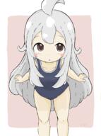 1girl absurdres ahoge bangs bare_arms bare_shoulders black_swimsuit blush_stickers breasts brown_background brown_eyes collarbone commentary_request feet_out_of_frame genderswap genderswap_(mtf) grey_hair highres leaning_forward long_hair o one-piece_swimsuit onii-chan_wa_oshimai oyama_mahiro parted_lips rururu_(pyrk8855) safe school_swimsuit sensitive small_breasts solo standing swimsuit two-tone_background very_long_hair white_background // 2574x3457 // 783.6KB