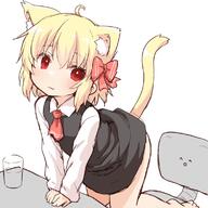11_aspect_ratio 1girl 3 ^_^ ^o^ ahoge animal_ears ascot bangs barefoot black_dress blonde_hair bow cat_ears cat_tail chair closed_mouth clothing collared_shirt cup dress drinking_glass eyes_closed feet female hair_bow hair_ornament long_sleeves looking_at_viewer natsu_no_koucha red_ascot red_bow red_eyes rumia shirt short_hair solo tail touhou touhou_project white_shirt // 777x777 // 95.6KB