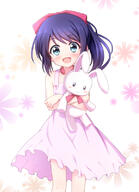 1girl accel_world ayase_midori bangs bare_arms bare_shoulders blue_eyes blush bow commentary_request d dress eyebrows_visible_through_hair floral_background hair_bow itosu_mana long_hair looking_at_viewer object_hug open_mouth pink_dress ponytail purple_hair red_bow safe sleeveless sleeveless_dress smile solo stuffed_animal stuffed_bunny stuffed_toy white_background // 579x800 // 295.5KB