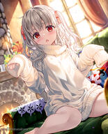 1girl bare_legs barefoot blush commentary couch curtains fireplace fujima_takuya general long_hair long_sleeves looking_at_viewer no_pants on_couch original oversized_clothes red_eyes sitting sleeves_past_fingers sleeves_past_wrists solo sweater two_side_up wariza white_hair white_sweater window // 756x935 // 593.9KB