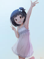 1_female 1girl 9 arm_up armpits artist_name bangs bare_arms bare_shoulders basa_rutan black_hair blue_background blue_bow blush bow breasts brown_eyes clavicle clothing collarbone cyan0114 d dress eyebrows eyebrows_visible_through_hair female female_only female_solo flower footwear gradient gradient_background hair_bow hair_flower hair_ornament hand_up high_resolution highres idolmaster idolmaster_million_live! leaning_to_the_side mature nakatani_iku one_arm_up one_side_up open-mouth_smile open_mouth pixiv_3335912 pixiv_70354005 questionable safe see-through see-through_silhouette simple_background sleeveless sleeveless_dress small_breasts smile socks solo stading standing standing_on_one_leg v white_dress white_flower ばさ ミリマスまとめ5 // 1540x2078 // 774.3KB
