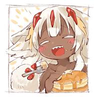 1girl blush closed_eyes commentary commentary_request dark-skinned_female dark_skin fangs faputa food fork general happy highres holding holding_fork made_in_abyss monster_girl mumu_yu_mu open_mouth pancake pancake_stack plate short_hair simple_background sketch smile solo teeth very_dark_skin white_background white_fur white_hair // 1692x1737 // 358.5KB