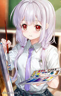 1girl bangs black_skirt blurry blurry_background braid breasts closed_mouth collared_shirt commentary_request copyright_request depth_of_field fujima_takuya general grey_hair hair_over_shoulder holding holding_paintbrush indoors long_hair looking_away low_twintails mocochin nail_polish necktie novel_illustration official_art paintbrush painting_(action) pink_nails plaid plaid_skirt pleated_skirt purple_necktie red_eyes school_uniform shirt short_sleeves skirt small_breasts solo s級学園の自称「普通」 twin_braids twintails very_long_hair white_shirt ライトノベル 制服 色素薄めで小柄な美術部の先輩 藤真拓哉 // 602x946 // 566.1KB