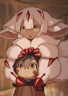 1boy 1girl absurdres animal_ears blurry blurry_background brown_eyes brown_hair claws cloak closed_mouth commentary_request dark-skinned_female dark-skinned_male dark_skin depth_of_field extra_arms facial_mark faputa fewer_digits general hair_between_eyes head_between_thighs helmet highres hiiragi_tudu looking_ahead made_in_abyss medium_hair multiple_tails on_head open_mouth parody red_cloak regu_(made_in_abyss) short_hair slit_pupils tail thick_eyebrows triangle_mouth white_fur white_hair // 2480x3508 // 554.1KB