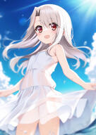 1girl absurdres bangs bare_shoulders blue_sky blush breasts dress fatekaleid_liner_prisma_illya fate_(series) female hair_between_eyes high_resolution highres illyasviel_von_einzbern lolibooru long_hair looking_at_viewer natopo_uni open_mouth red_eyes safe sensitive sidelocks sky small_breasts smile solo thighs very_high_resolution white_dress white_hair // 2508x3541 // 3.0MB