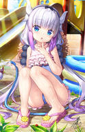 1girl bangs blue_eyes blunt_bangs blurry blush casual_one-piece_swimsuit chestnut_mouth child clothing commentary_request depth_of_field dragon_girl dragon_horns dragon_tail eyebrows_visible_through_hair female flip-flops footwear fujima_takuya gradient_hair hair_bobbles hair_ornament hairband head_tilt holding holding_hose horns hose kanna_kamui kobayashi-san_chi_no_maidragon lolibooru long_hair looking_at_viewer low_twintails miss_kobayashi's_dragon_maid mocochin monster_girl multicolored_hair multicoloured_hair o one-piece_swimsuit open_mouth parted_lips safe sandals sensitive sidelocks sitting solo swimsuit tail tied_hair twin_tails twintails wading_pool wet white_hair カンナ カンナカムイ カンナカムイ(小林さんちのメイドラゴン) メイドラゴン1000users入り メイドラゴン5000users入り 女児水着 小林さんちのメイドラゴン 水着 水着カンナちゃん 竜娘 藤真拓哉@シグルリ 藤真拓哉@シグルリ10月放送 足指 // 640x989 // 689.9KB