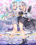 2girls armpits bangs bare_shoulders black_dress black_footwear black_legwear black_wings blue_flower blurry blurry_background character_request clothing commentary_request copyright_request d depth_of_field dress eyebrows_visible_through_hair feathered_wings female flower footwear fujima_takuya hair_between_eyes hair_flower hair_ornament hand_on_another's_waist happy_13th_anniversary high_heels legwear mocochin multiple_girls open-mouth_smile open_mouth parted_bangs petals pink_flower questionable red_eyes safe scrunchie shoes silver_hair smile socks standing strapless strapless_dress tree weiss_schwarz white_dress white_footwear white_hair white_hair_ornament white_legwear white_scrunchie white_wings wings wrist_scrunchie ふつくしい ヴァイスシュヴァルツ 藤真拓哉@シグルリ // 821x1023 // 480.3KB