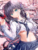 1girl bangs black_hair black_neckerchief black_neckwear black_skirt breasts closed_mouth clothes_lift clothing commentary_request eyebrows_visible_through_hair female fujima_takuya graduation green_eyes hair_between_eyes hands_up long_hair long_sleeves looking_at_viewer medium_breasts mocochin navel neckerchief official_art one_side_up original petals pleated_skirt safe school_uniform shirt shirt_lift skirt sleeves_past_wrists solo under_boob underboob very_long_hair white_shirt ふつくしい オリジナル3000users入り オリジナル5000users入り オリジナルキャラクター セーラー服 ブルーベリー農園 下乳 仕事絵 卒業 滲み出るエロス 藤真拓哉@シグルリ 魅惑の顔 // 678x885 // 341.9KB