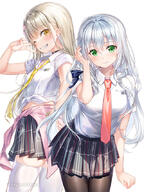 2girls bangs black_pantyhose black_skirt breasts cardigan cardigan_around_waist clothes_around_waist collared_shirt commentary_request copyright_request fujima_takuya general green_eyes grey_hair grin hair_between_eyes hand_up long_hair looking_at_viewer mocochin multiple_girls neckerchief necktie novel_illustration official_art orange_eyes pantyhose pink_cardigan plaid plaid_skirt pleated_skirt red_necktie shirt short_sleeves simple_background skirt small_breasts smile s級学園の自称「普通」 thigh-highs thighhighs v very_long_hair white_background white_shirt white_thighhighs yellow_neckerchief イケてるギャルの同級生と生徒会長の先輩 ライトノベル 藤真拓哉 // 640x853 // 503.0KB