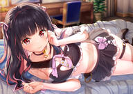 1girl asmr bangs bare_shoulders bed black_hair blush breasts cleavage_cutout clothing_cutout collar detached_sleeves fujima_takuya garter hair_ornament high_resolution long_hair looking_at_viewer lying midriff multicolored_hair navel no_bra official_art on_side original purple_hair questionable red_eyes ribbon safe skirt small_breasts smile socks solo streaked_hair tagme thigh_strap very_high_resolution waifu2x watermark // 4480x3150 // 4.9MB
