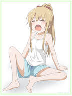 1_female 1girl alternate_hairstyle arm_support bare_shoulders barefoot blonde_hair bodily_fluids casual closed_eyes collarbone d eyes_closed feet female hair_tie legwear mature open_mouth ponytail ren_kon safe shirt shorts simple_background sitting sleeveless sleeveless_outfit solo sweat tied_hair toes toshinou_kyouko white_background white_shirt yuru_yuri // 866x1147 // 371.8KB