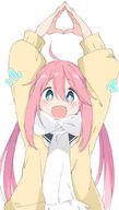 1girl ai_generated aibooru aqua_eyes arms_up bright_pupils cardigan commentary_request d eyebrows eyebrows_visible_through_hair female general hair_between_eyes ixy kagamihara_nadeshiko long_hair long_sleeves looking_at_viewer open-mouth_smile open_mouth pink_hair safe sankaku_channel scarf school_uniform sensitive simple_background smile solo teeth tied_hair triangle twintails uniform upper_body upper_teeth upper_teeth_only white_background white_neckwear white_pupils white_scarf yellow_cardigan yurucamp // 588x1036 // 305.0KB