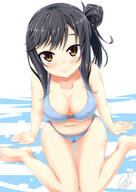 1_female 1girl amau_(kosmos) bangs bare_arms bare_shoulders barefoot bikini black_hair blue_bikini blush breasts brown_eyes cleavage closed_mouth collarbone commentary_request feet female ichijou_hotaru large_breasts long_hair looking_at_viewer mature navel non_non_biyori o-ring o-ring_top pov safe sitting smile solo stomach swimsuit swimwear // 706x1000 // 466.0KB