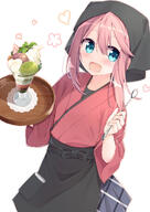 1girl apron bangs black_apron blue_eyes cellphone commentary_request d eyebrows eyebrows_visible_through_hair grey_skirt hair_between_eyes head_scarf heart highres holding holding_spoon holding_tray japanese_clothes kagamihara_nadeshiko kimono long_hair long_sleeves open_mouth parfait phone pink_hair pleated_skirt red_kimono safe sensitive simple_background skirt smile solo spoon tray waist_apron wari_(nirodo26) white_background wide_sleeves yurucamp // 1000x1414 // 852.4KB