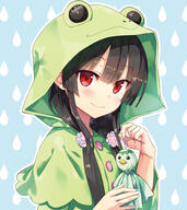 1_female 1girl animal_costume animal_hood black_hair blue_background blush buttons cura eyebrows eyebrows_visible_through_hair female flower fringe frog_hood frog_suit girl hachiroku hachiroku_(maitetsu) hair_flower hair_ornament high_resolution highres holding holding_object hood hoodie kappa loli long_hair looking_at_viewer lose low_twintails maitetsu point_of_view rain raincoat raindrop_(symbol) red_eyes s safe sankaku sankaku_channel simple_background single smile solo tall_image teru_teru_bouzu teru_teru_bozu tied_hair twintails upper_body very_high_resolution yande.re // 2977x3343 // 1.0MB