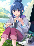 1_female 1girl 2d_art bangs blue_hair blue_sky blurry blurry_background chair cloud clouds cloudy_sky collared_shirt commentary cup day depth_of_field eating eyebrows eyebrows_visible_through_hair female food fork gelbooru green_shirt grey_jacket hair_bun holding holding_cup holding_fork jacket long_sleeves looking_at_viewer mirai_denki noodles open_clothes open_jacket open_mouth outdoors outside pants pants_rolled_up patagonia071204 pixiv_101536 pixiv_82069005 point_of_view propane_tank purple_eyes purple_pants ramen safe sensitive shima_rin shirt short_hair sidelocks single_hair_bun sitting sky solo steam striped striped_shirt tent vertical_stripes violet_eyes yuru_camp yurucamp 外ゴハンしまリン 未来電機 // 700x958 // 619.8KB