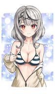 1girl bad_id bad_pixiv_id bangs bare_shoulders bikini black_hair braid braids breasts brown_jacket chloe_ch. cleavage closed_mouth collarbone commentary_request drawing_error eyebrows_visible_through_hair fanart fanart_from_pixiv female flipper gray_hair grey_hair hair_ornament hairclip highlights highres hololive jacket long_hair looking_at_viewer medium_breasts medium_hair multicolored_hair off_shoulder open_clothes open_jacket pixiv red_eyes safe sakamata_chloe sensitive small_breasts smile solo streaked_hair striped striped_bikini swimsuit two-tone_hair virtual_youtuber x_hair_ornament // 1000x1702 // 267.1KB