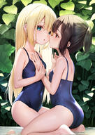 2girls ass bare_shoulders black_hair blonde_hair blue_eyes blue_one-piece_swimsuit blush breasts brown_hair child_on_child collarbone couple duo highres holding_another's_arm holding_another's_wrist kneeling leaf loli loli_on_loli long_hair looking_at_another looking_at_viewer multiple_girls one-piece_swimsuit open_mouth original outdoors partially_submerged ponytail questionable red_eyes school_swimsuit sensitive short_hair short_ponytail sidelocks sitting_in_water small_breasts swimsuit swimsuits thighs tied_hair water wet yan_(nicknikg) yuri // 1447x2047 // 2.3MB
