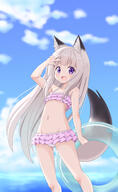 1girl absurdres animal_ears arm_up bikini blue_eyes breasts child clothing cloud contentious_content day fang female fox_ears fox_girl fox_tail frilled_bikini frilled_swimsuit frills grey_hair high_resolution highres innertube kitsunemimi loli long_hair mogura2009 one_arm_up open_mouth original outdoors questionable safe sensitive sky small_breasts smile solo swimsuit tail thighs v very_high_resolution white_bikini white_swimsuit // 2508x4090 // 3.7MB