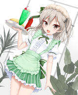 1girl apron blush bow breasts brown_eyes center_frills cherry collared_shirt commentary_request d dress drinks dutch_angle fanart fanart_from female flipper food frilled_apron frilled_hat frilled_skirt frills fruit girls_und_panzer girls_und_panzer_der_film green_apron green_bow green_dress green_skirt grey_hair hand_up hat highres holding holding_tray ice_cream ketchup_bottle long_hair looking_at_viewer maid_outfit melon_soda mob_cap omelet omurice one_side_up open_mouth pixiv pleated_skirt puffy_short_sleeves puffy_sleeves safe sensitive shimada_alice shimada_arisu shirt short_sleeves skirt small_breasts smile solo standing striped striped_skirt tray uniform vertical-striped_skirt vertical_stripes waitress white_headwear white_shirt window // 1200x1450 // 284.6KB