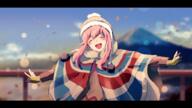 1girl ^_^ bangs blue_sky blurry blurry_background blush cake_mogo closed_eyes cloud clouds day facing_viewer fingerless_gloves general gloves happy hat kagamihara_nadeshiko landscape letterboxed long_hair long_sleeves mountain nature open_mouth outdoors outstretched_arms papang petals pink_hair poncho railing scenery sky smile solo teeth upper_teeth upper_teeth_only wallpaper winter_clothes yellow_gloves yurucamp // 1280x720 // 644.4KB