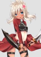 10s 11185589 1_female 1girl absurdres alternate_costume armor bikini_armor blonde_hair blue_eyes blush chloe_von_einzbern chloe_von_einzbern_(cosplay) commentary_request cosplay d dagger dark-skinned_white-haired dark_skin downscaled dual_wielding fate fatekaleid fatekaleid_liner_prisma_illya fatestay_night fate_(series) fate_kaleid_liner_prisma_illya fate_stay_night female flower flower_(flowers) fringe girl go-1 grey_background hair_between_eyes hair_flower hair_ornament highres holding holding_weapon kantai_collection kuro_(fate_kaleid_liner) kuroe_von_einzbern lolibooru lolibooru.moe long_hair long_sleeves looking_at_viewer md5_mismatch midriff navel open_mouth pixiv_14429272 pixiv_59215000 prisma_illya red_skirt resized resolution_mismatch ro-500 ro-500_(kancolle) ro-500_(kantai_collection) ro-500_submarine safe sensitive shorts simple_background single skirt small_breasts smile solo source_larger standing stomach sword tall_image tan tan_lines tanline tanlines tanned thigh_strap weapon white_hair ごーわん@お仕事募集中 ろーちゃん ろーチャー カップやきそば現象 クロエ・フォン・アインツベルン スク水焼け プリズマ☆ろーちゃん（アーチャーver） プリズマ☆イリヤ 呂500 艦これ 艦これ1000users入り 艦隊これくしょん // 2508x3541 // 4.8MB