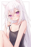 1girl akanbe animal_ear_fluff animal_ears bare_arms bare_shoulders black_camisole blush camisole cat_ears commentary_request feet_out_of_frame hair_between_eyes highres knee_up long_hair original purple_eyes ringouulu sensitive solo strap_slip tongue tongue_out twitter_username very_long_hair white_background white_hair // 840x1248 // 623.3KB