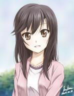 10s 1_female 1girl 2013 artist_name bangs black_hair blurry blurry_background blush brown_eyes collarbone commentary_request d dated day depth_of_field female high_resolution highres ichijou_hotaru kem_kem long_hair looking_at_viewer mature non_non_biyori number open_mouth outdoors outside pov safe sky smile solo upper_body // 1054x1371 // 543.7KB