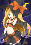 1_female 1girl astarotte_ygvar bad_id bad_pixiv_id bat_wings black_legwear black_thighhighs blonde_hair blush clothing crescent_moon d demon_tail fang female flat_chest gloves green_eyes hair_ornament hair_ribbon hand_on_headwear hand_up hat headwear holding holding_hat holding_object legwear long_hair looking_at_viewer lotte_no_omocha! mature midriff moon navel nemo_(piisukun) night night_sky open-mouth_smile open_mouth pettanko pov ribbon safe sensitive skirt sky smile solo star_(sky) stomach strap_slip tail thigh-highs thighhighs wings witch_hat // 600x870 // 485.8KB
