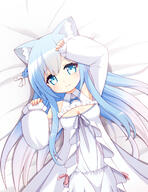 1girl absurdres animal_ear_fluff animal_ears arm_up bangs bare_shoulders blue_eyes blue_hair bow_dress braid breasts cat_ears cat_girl character_request cleavage clothing_cutout dress eyebrows_visible_through_hair gradient_hair hair_between_eyes hair_over_shoulder hand_up highres long_hair long_sleeves looking_at_viewer lying mogura2009 multicolored_hair on_back original paw_pose safe shoulder_cutout small_breasts smile solo soraneko_kurumi very_long_hair virtual_youtuber white_dress white_hair // 2079x2700 // 759.1KB