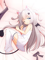 1girl animal_ear_fluff animal_ears bangs black_bow blue_eyes blush bow bow_removed character_request demon_tail demon_wings dress eyebrows_visible_through_hair fetal_position full_body grey_hair hair_ornament hairpin highres long_hair looking_at_viewer lying mogura2009 no_shoes o off_shoulder on_side one_eye_closed original safe short_dress sleepy sleeveless solo soraneko_kurumi tail thighhighs two_side_up very_long_hair virtual_youtuber white_dress white_legwear wings zettai_ryouiki // 900x1200 // 757.7KB