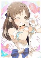 + 1girl absurdres blue_bow blush bow brown_eyes brown_hair clock commentary_request dress gloves grin hair_bow hands_up heart heart_hands highres idolmaster idolmaster_cinderella_girls long_hair looking_at_viewer one_eye_closed roman_numeral sensitive smile solo strapless strapless_dress tachibana_arisu white_dress white_gloves yukie_(kusaka_shi) // 1845x2571 // 639.9KB